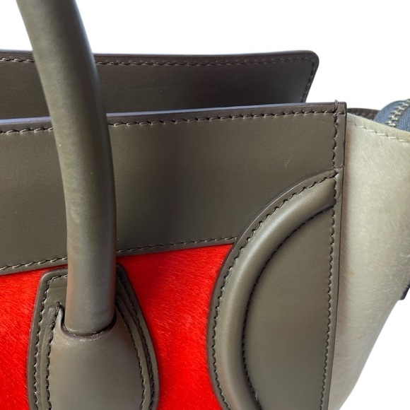 CELINE Tri-Color Pony Hair Calfskin Leather Mini Luggage Tote Bag Red Beige - Picture 8 of 16
